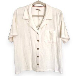 NWT Faherty Cabana Terry Towel Button Up Short Sleeve Top Oyster White large